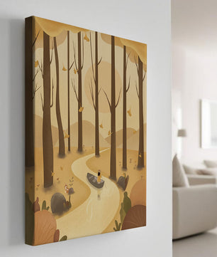 Serene autumn forest with river and boat in digital art scene