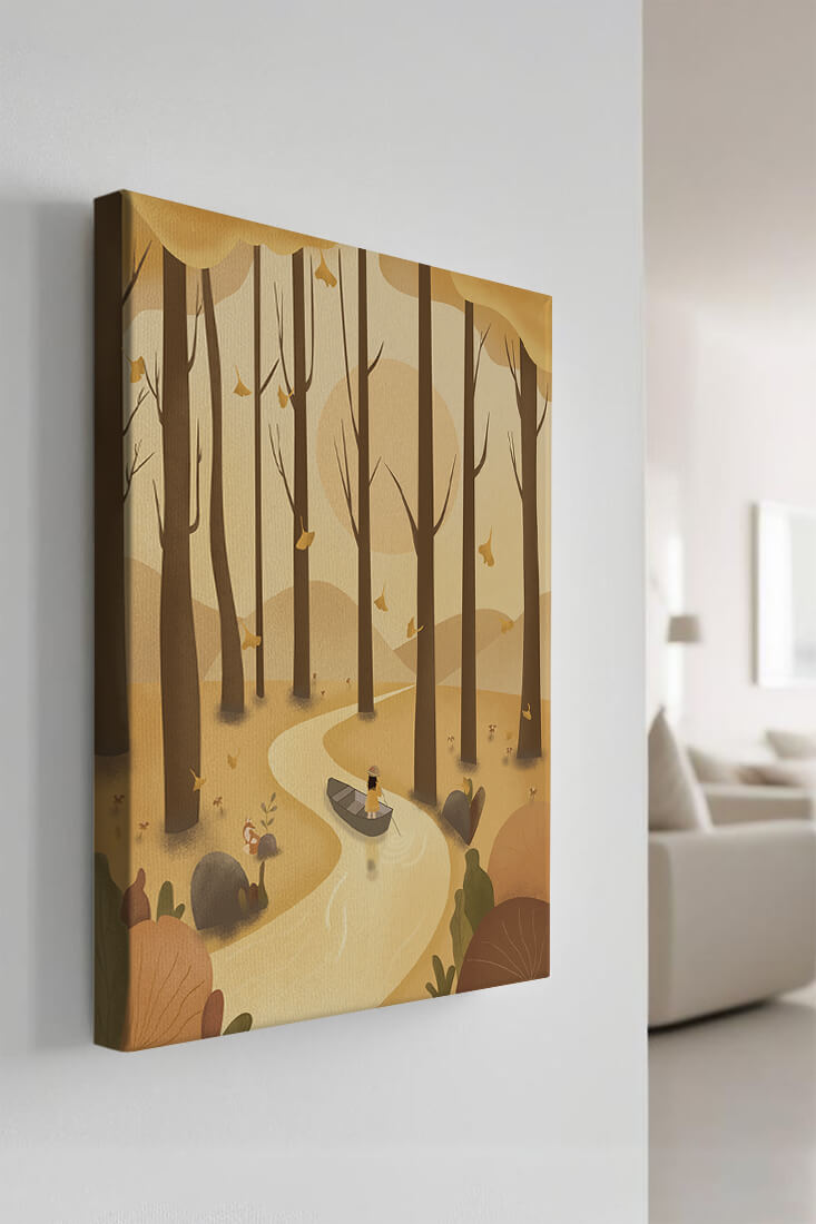 Serene autumn forest with river and boat in digital art scene
