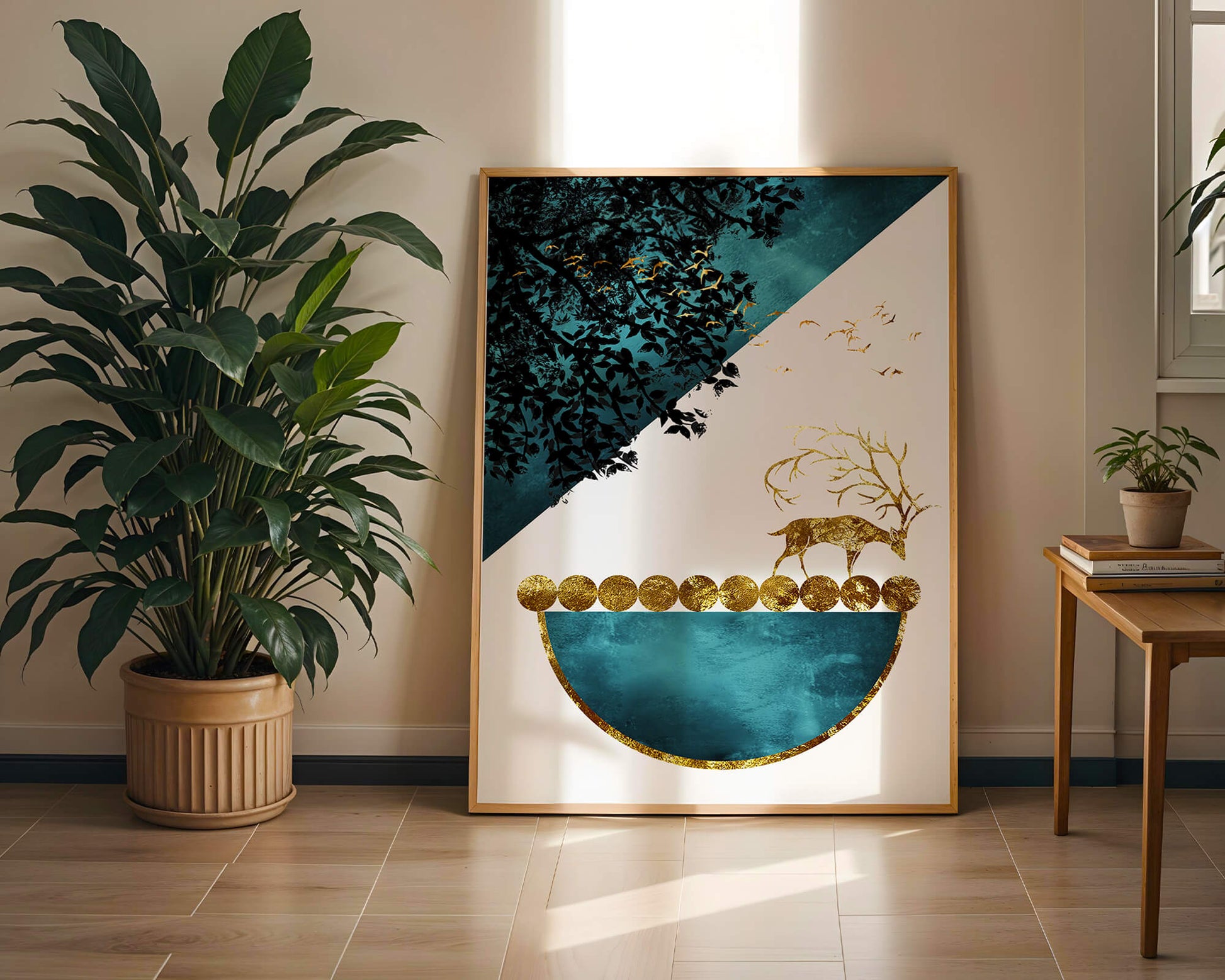 Abstract Deer with Golden Elements in a Mystical Forest Setting
