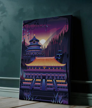 Neon Asian Temple at Sunset in Stylized Landscape