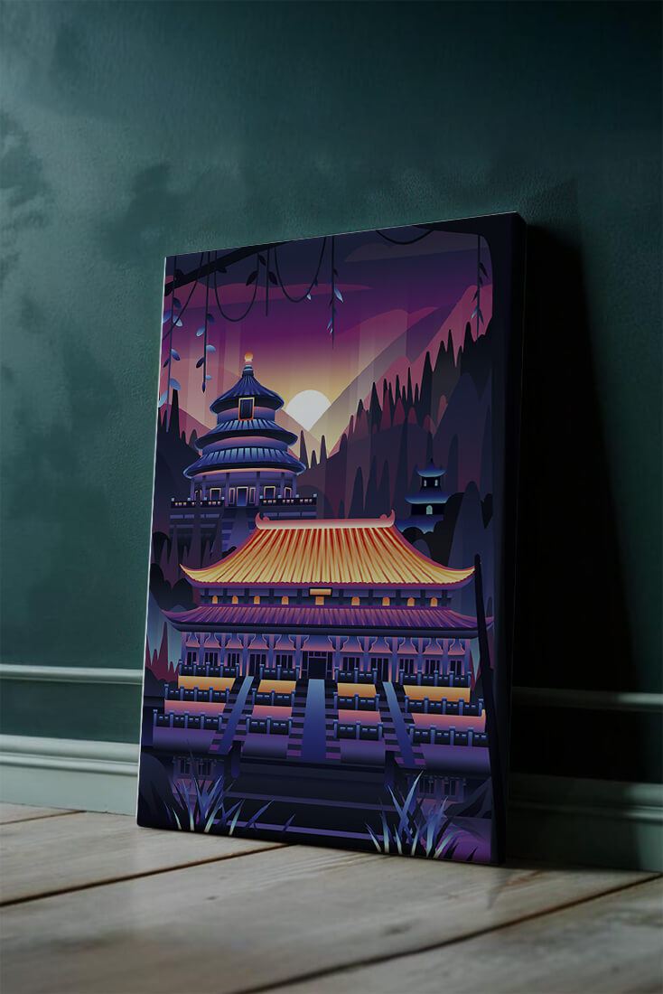 Neon Asian Temple at Sunset in Stylized Landscape