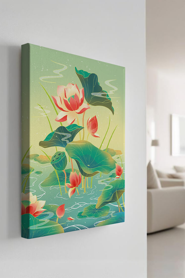 Serene lotus pond with vibrant lilies and lush green leaves