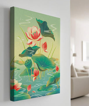 Serene lotus pond with vibrant lilies and lush green leaves