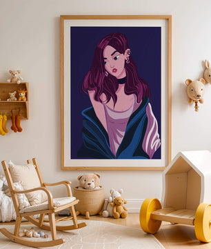 Illustration d'une fille élégante aux cheveux violets et à la veste bleue