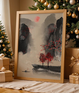 Serene landscape with red foliage and misty mountains
