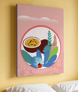 Ilustración de frutas tropicales y hojas con una mariquita sobre un fondo rosa