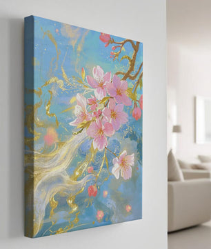 Beautiful Cherry Blossom Branch with Golden Highlights on a Soft Blue Background - Mi tienda