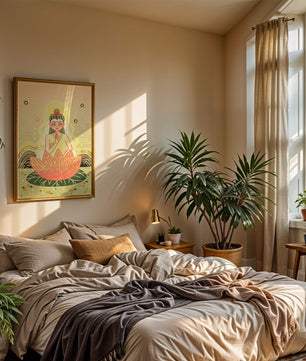 Heitere Illustration einer meditativen Figur auf einem Lotus mit himmlischem Hintergrund