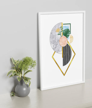 Arte geométrico abstracto con acentos florales y dorados