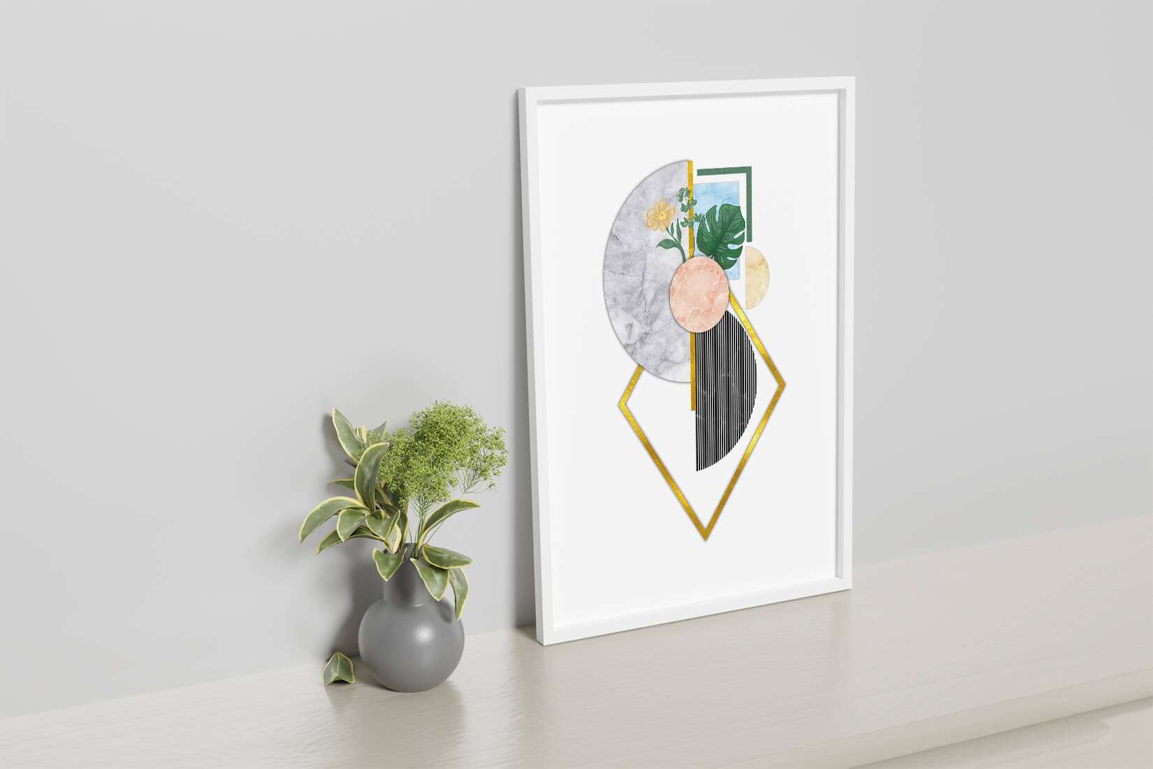 Abstract geometric art with floral and gold accents