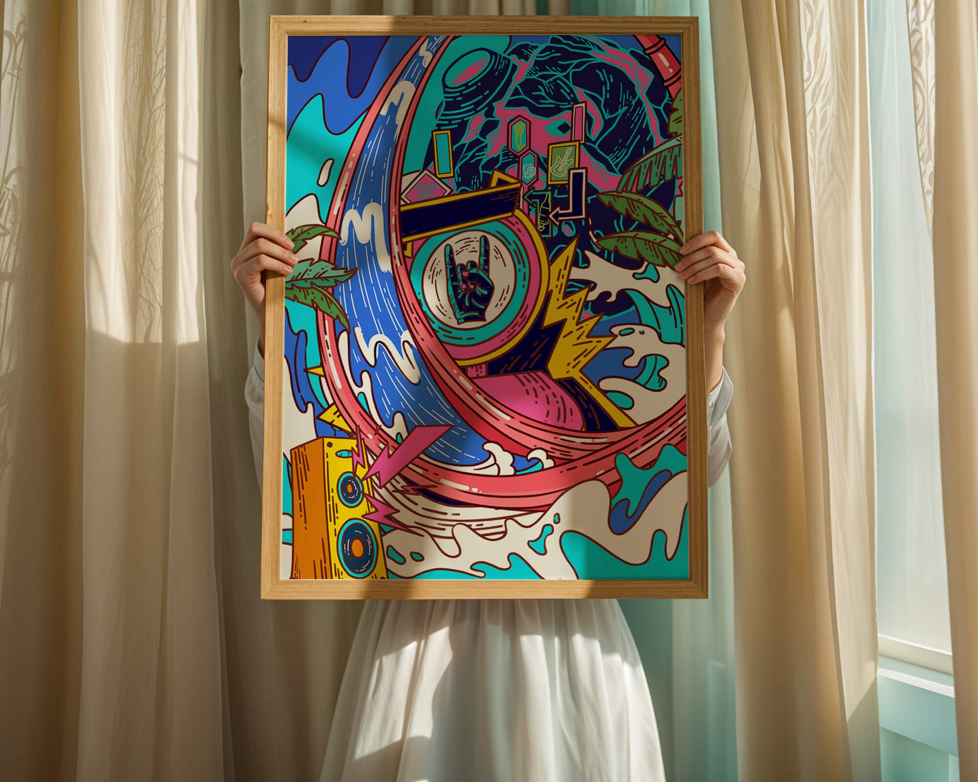 Vibrant abstract art with waves and neon elements