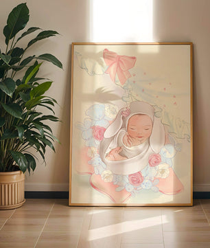Dulce bebé durmiendo rodeado de suaves decoraciones pastel