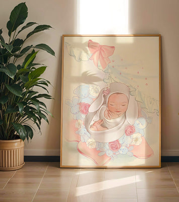 Sweet sleeping baby surrounded by soft pastel decorations