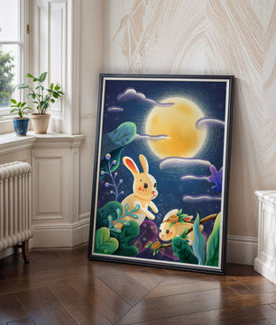 Charming illustration of rabbits under a full moon in a vibrant night garden