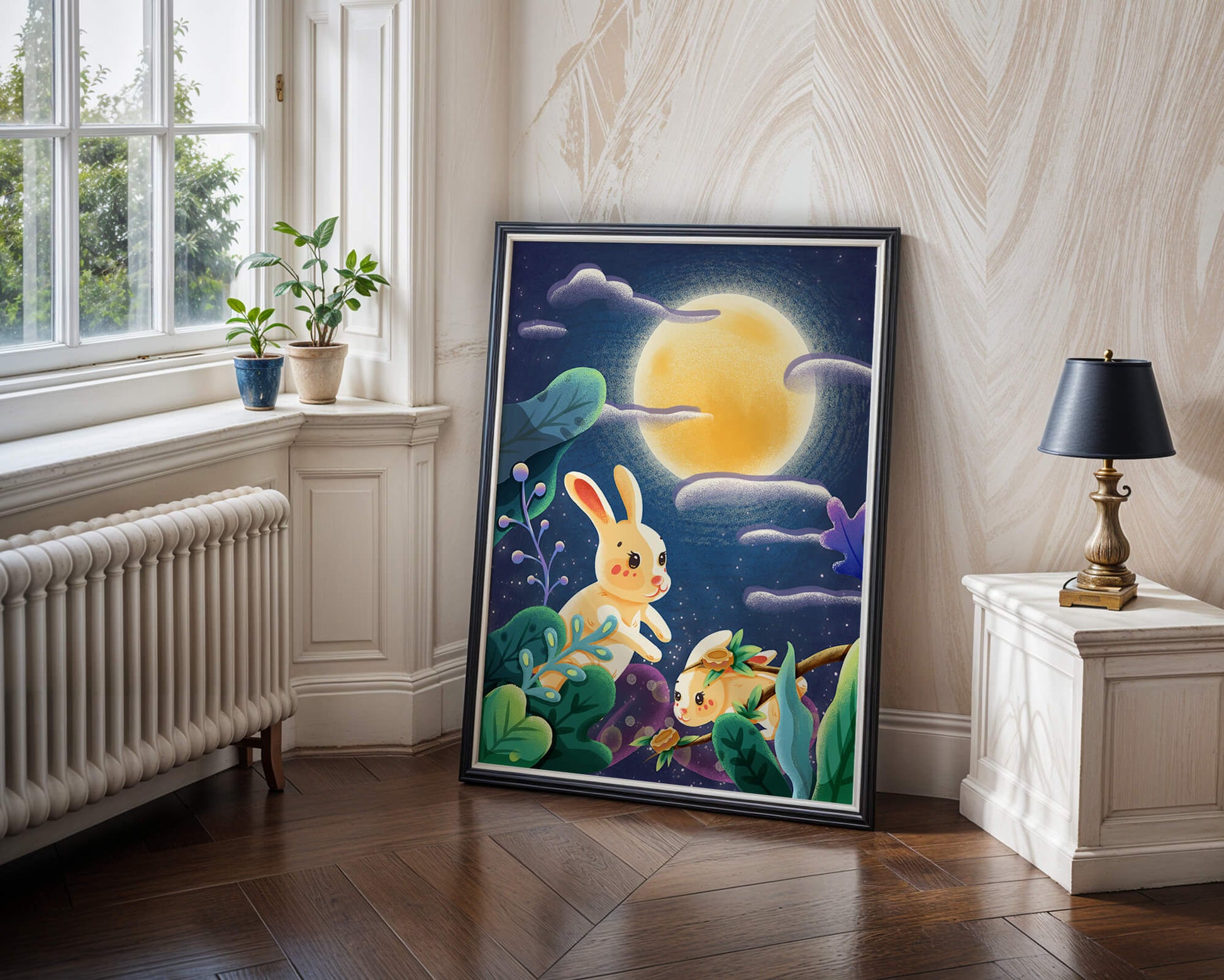 Charming illustration of rabbits under a full moon in a vibrant night garden