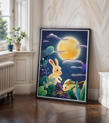 Charming illustration of rabbits under a full moon in a vibrant night garden
