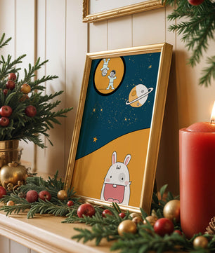 Playful Cartoon of Astronauts and Rabbit with Planet and Stars - Mi tienda
