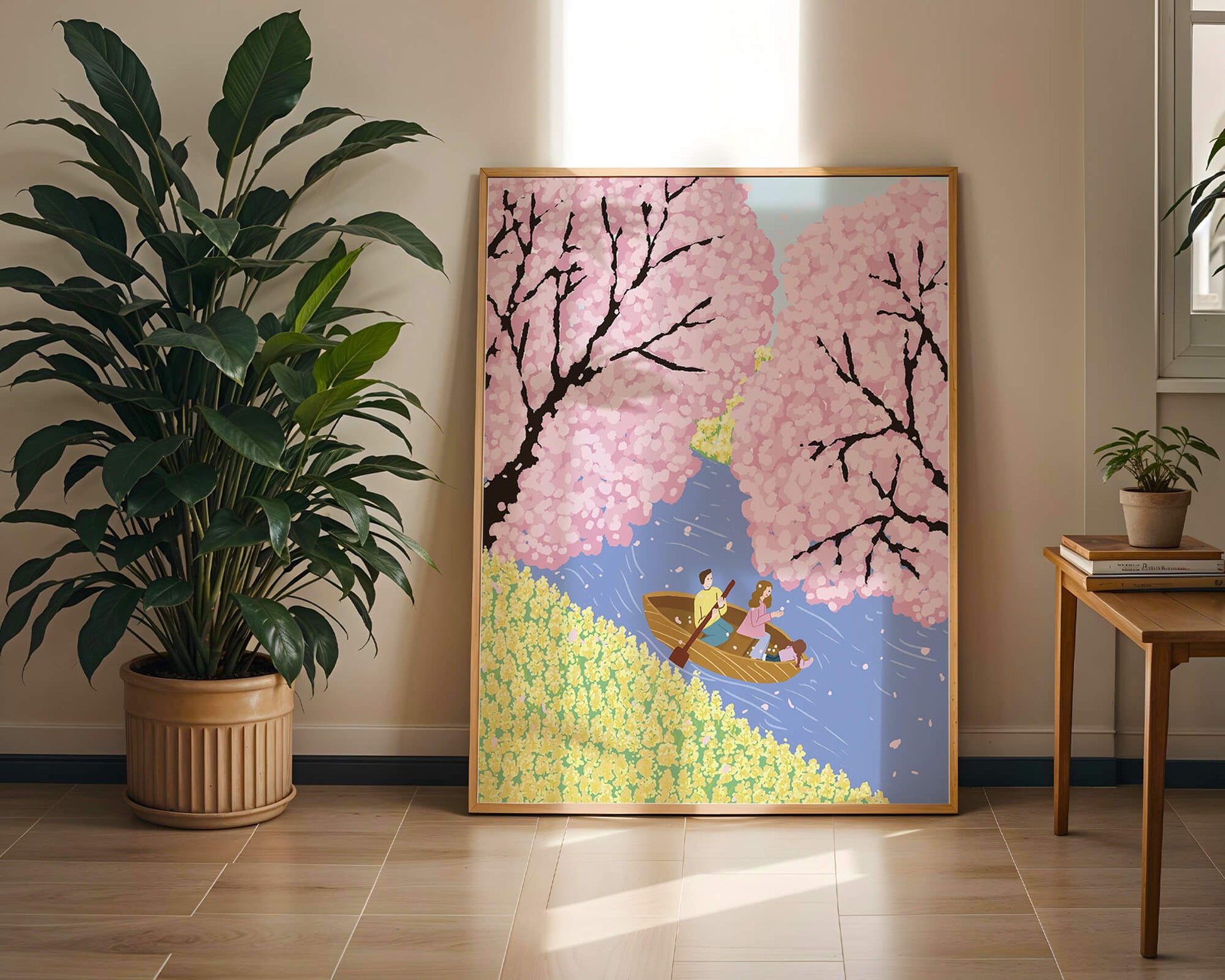 Family Rowing on Serene River with Cherry Blossoms