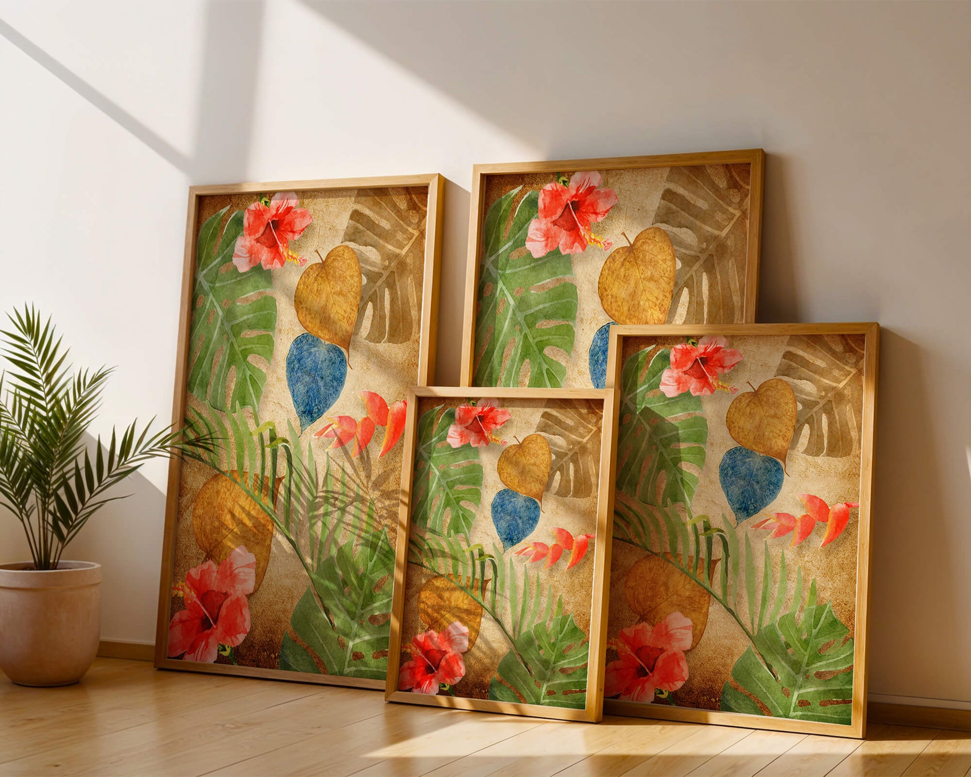 Vibrant tropical leaves and flowers watercolor design