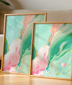 Obra de arte abstracta en pasteles y dorado con patrones fluidos