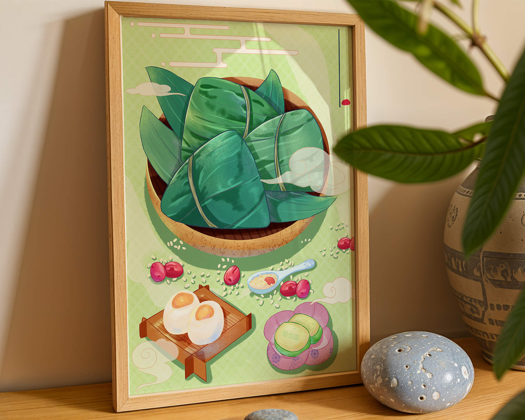 Traditional Asian food illustration with rice dumplings and mooncakes on a green background