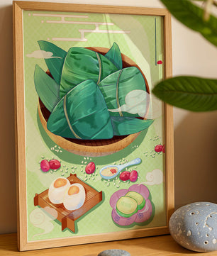 Traditional Asian food illustration with rice dumplings and mooncakes on a green background