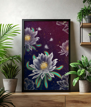 Floral Fantasy with Glowing Elements and Butterflies in Night Sky