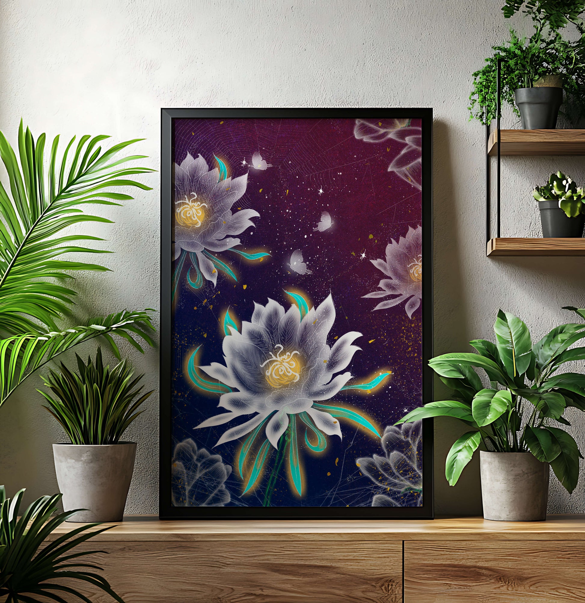 Floral Fantasy with Glowing Elements and Butterflies in Night Sky
