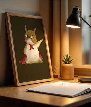 Cartoon superhero dog with red cape illustrating playful strength