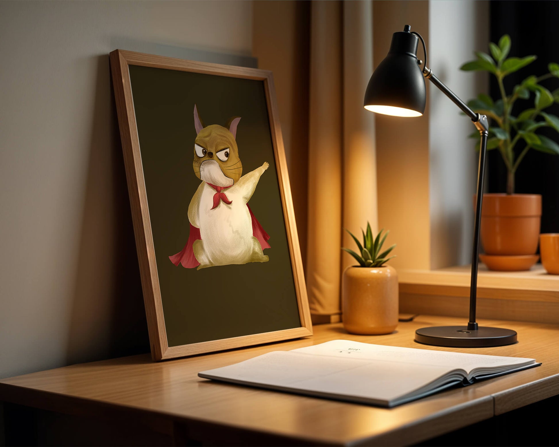 Cartoon superhero dog with red cape illustrating playful strength