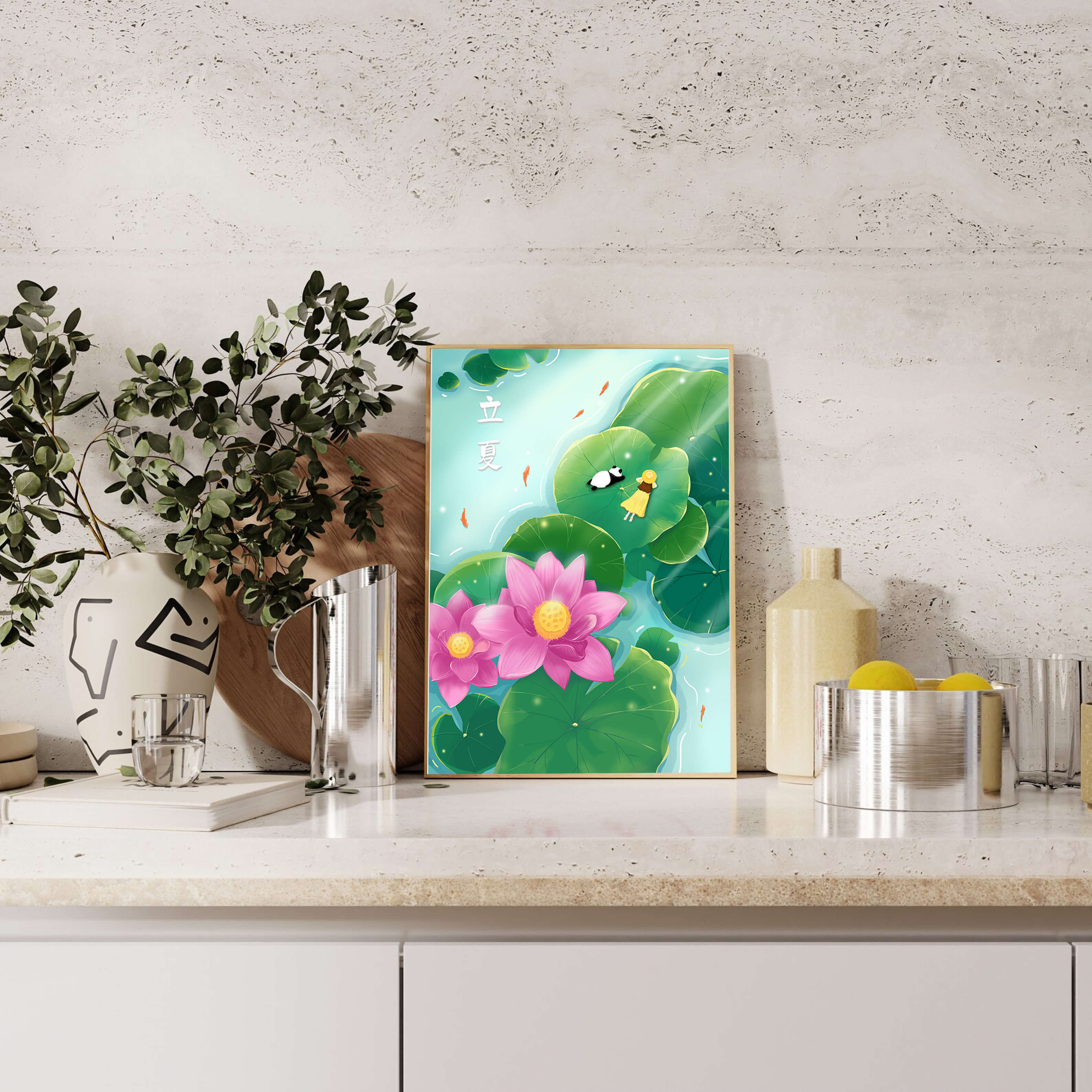 Girl and Panda Relaxing on Lily Pads with Pink Lotus and Goldfish