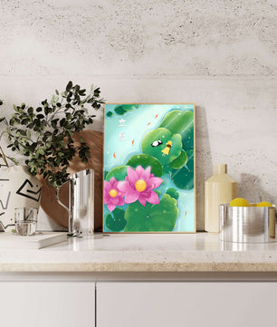 Girl and Panda Relaxing on Lily Pads with Pink Lotus and Goldfish