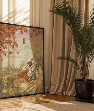 Traditional Chinese painting with autumn scenery and lady sipping tea