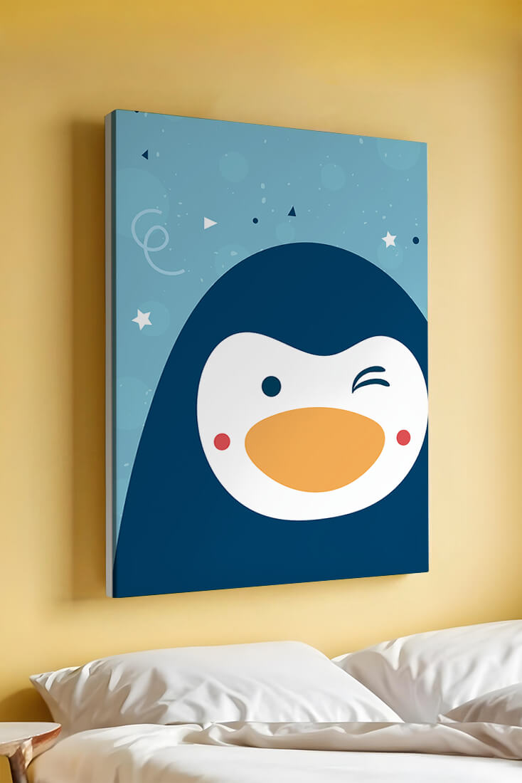 Pingüino de dibujos animados juguetón sobre un fondo azul caprichoso