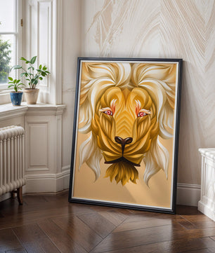 Lion Face with Intricate Golden Pattern and Flowing Mane