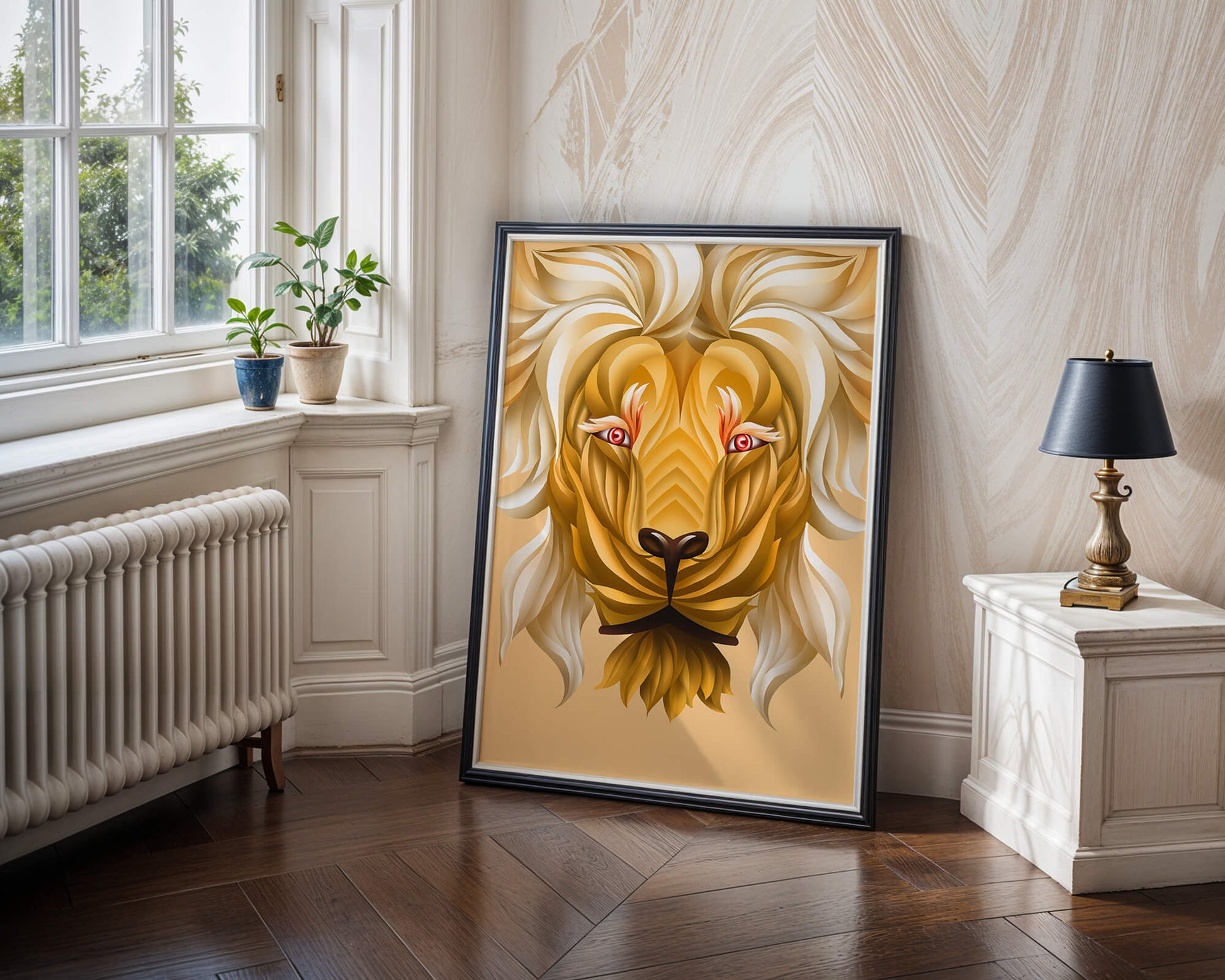 Lion Face with Intricate Golden Pattern and Flowing Mane