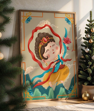 Whimsical illustration of a joyful child deity with lotus and clouds