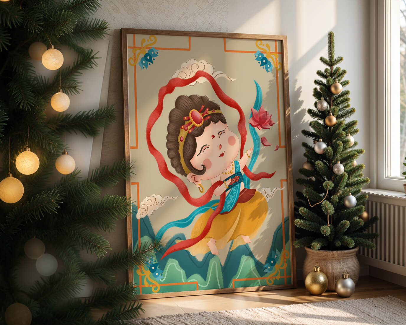 Whimsical illustration of a joyful child deity with lotus and clouds