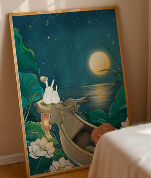 Ilustración serena de conejos contemplando una luna brillante sobre un lago tranquilo