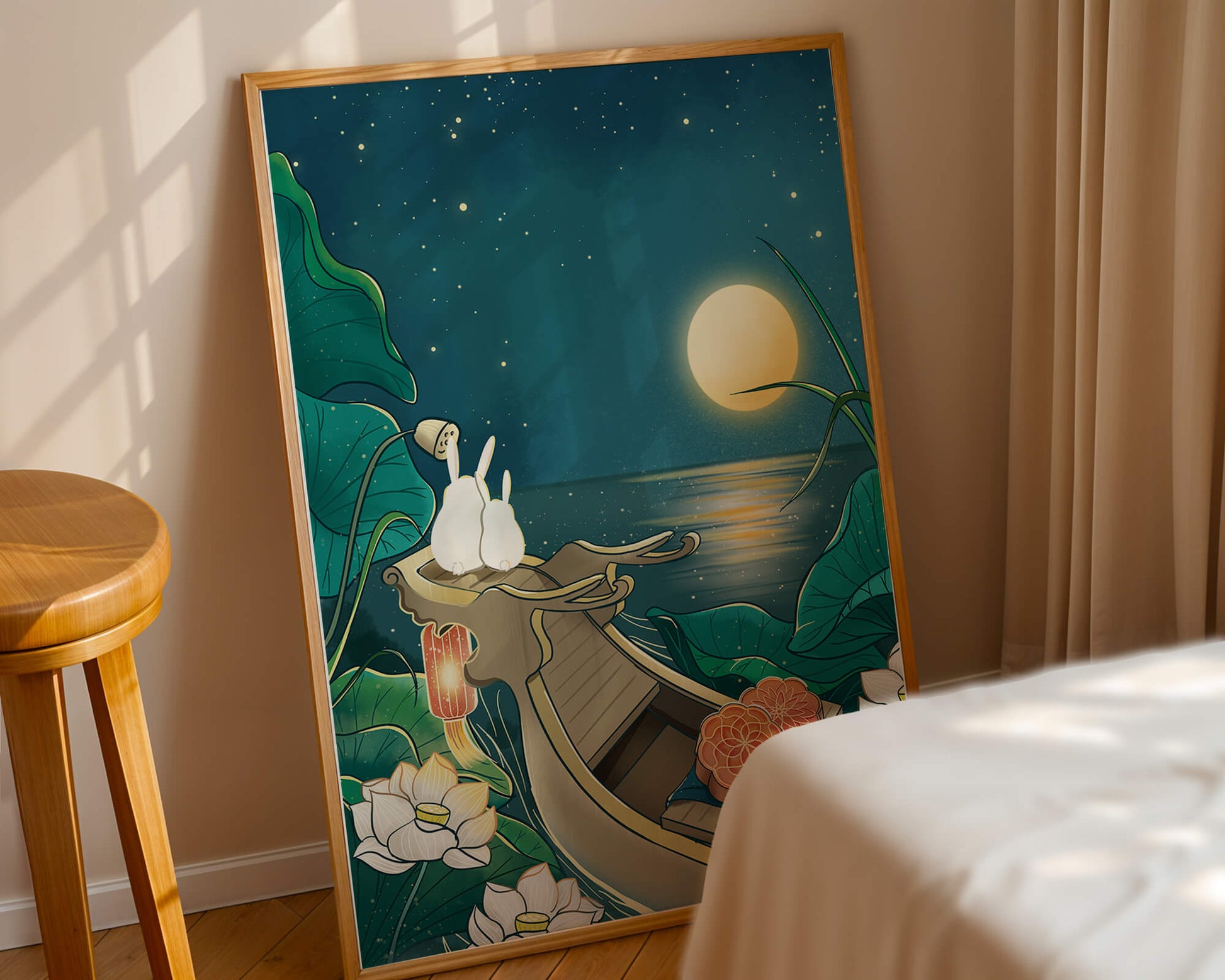 Serene illustration of rabbits gazing at a bright moon on a tranquil lake