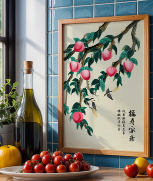 Delicate illustration of peach tree with birds and calligraphy
