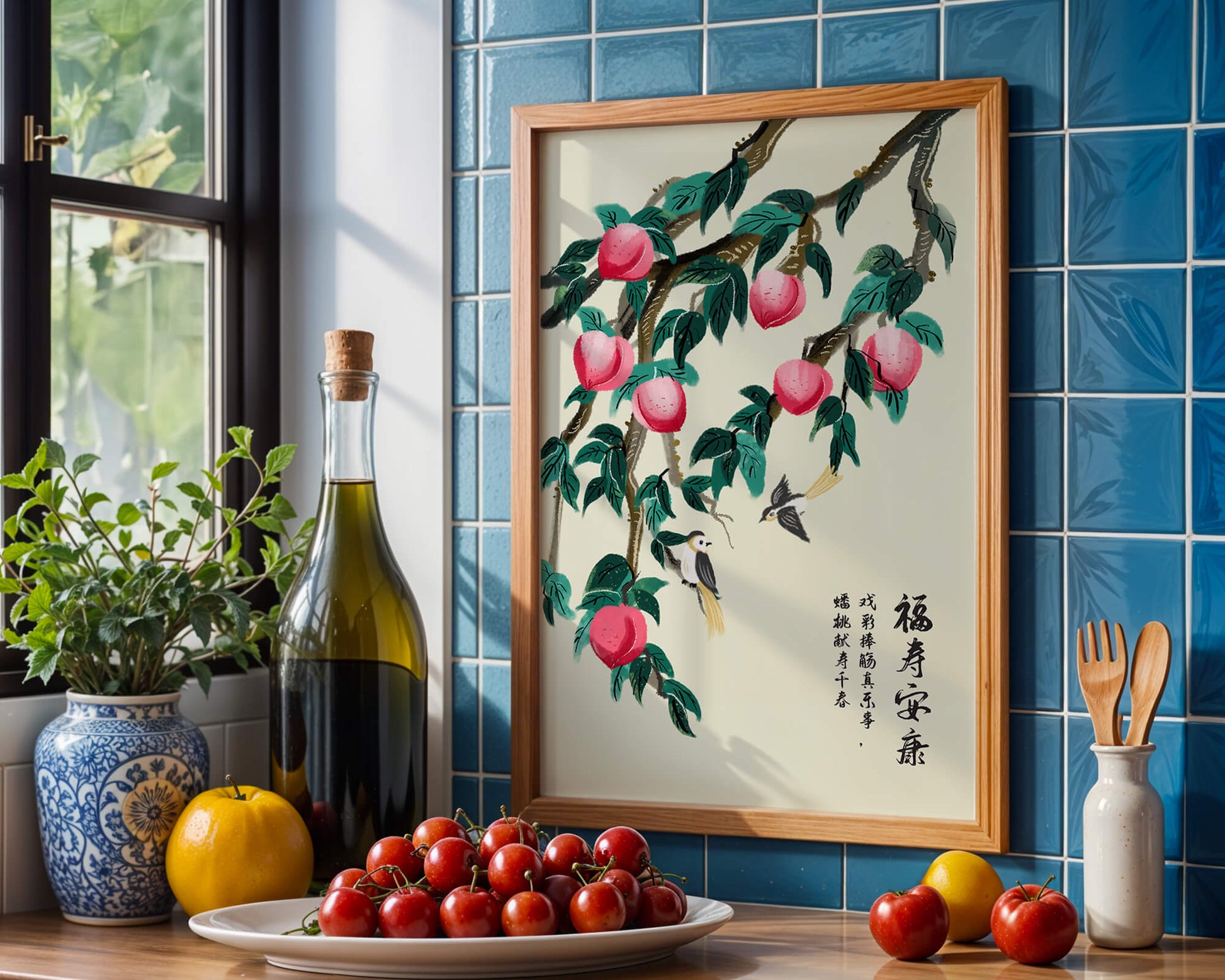 Delicate illustration of peach tree with birds and calligraphy