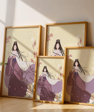 Elegant Woman in Traditional Garment with Snowflakes and Branches