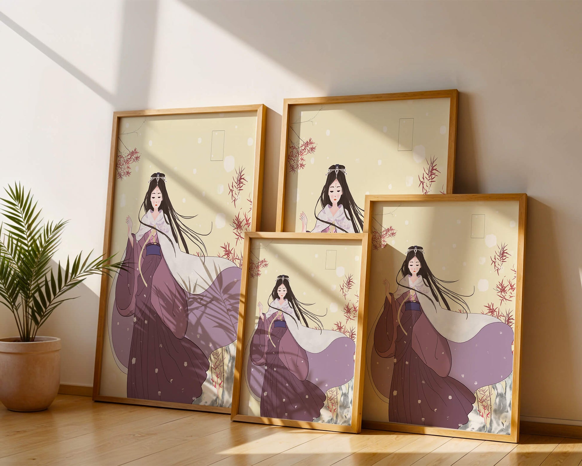 Elegant Woman in Traditional Garment with Snowflakes and Branches