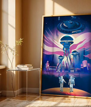 Futuristic Space City With Alien Creatures and Astronauts