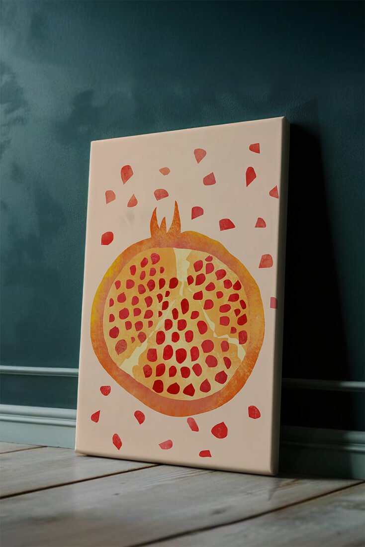 Colorful abstract pomegranate illustration with scattered seeds
