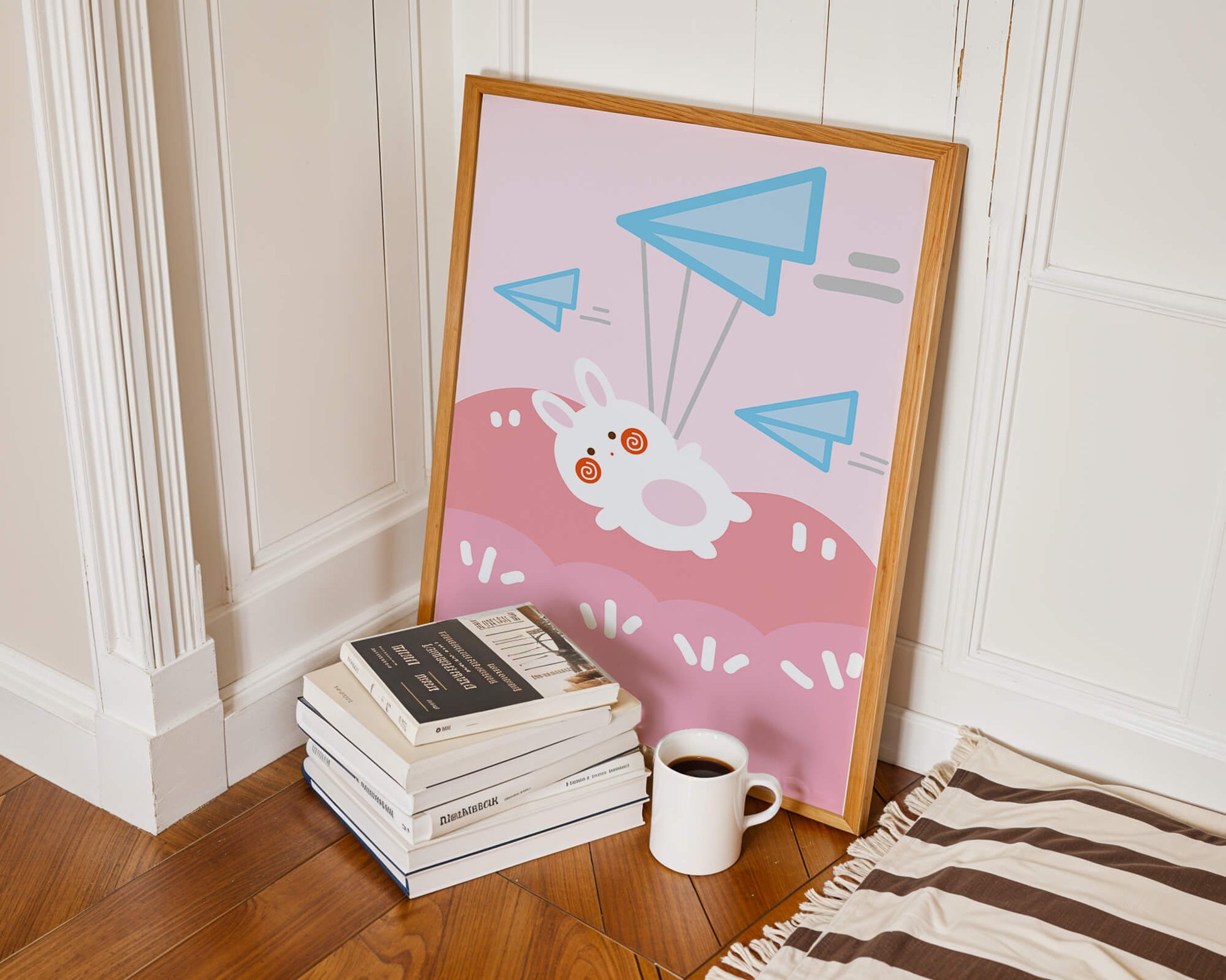 Adorable cartoon bunny flying with paper planes on a pink background