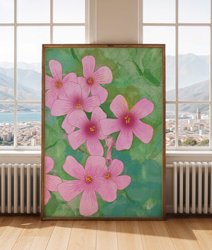 Zarte rosa Blüten auf einem leuchtend grünen Hintergrund Illustration