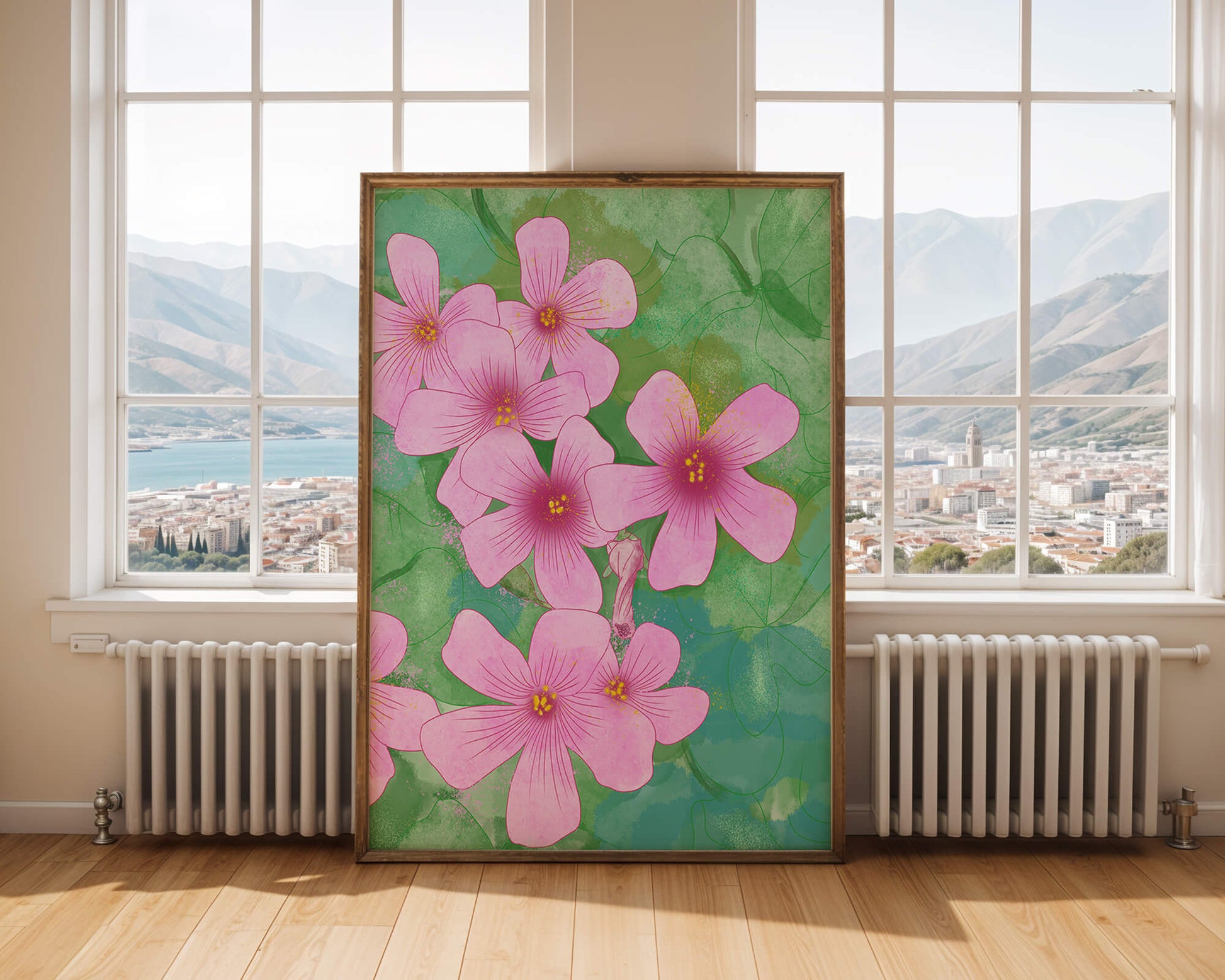 Zarte rosa Blüten auf einem leuchtend grünen Hintergrund Illustration