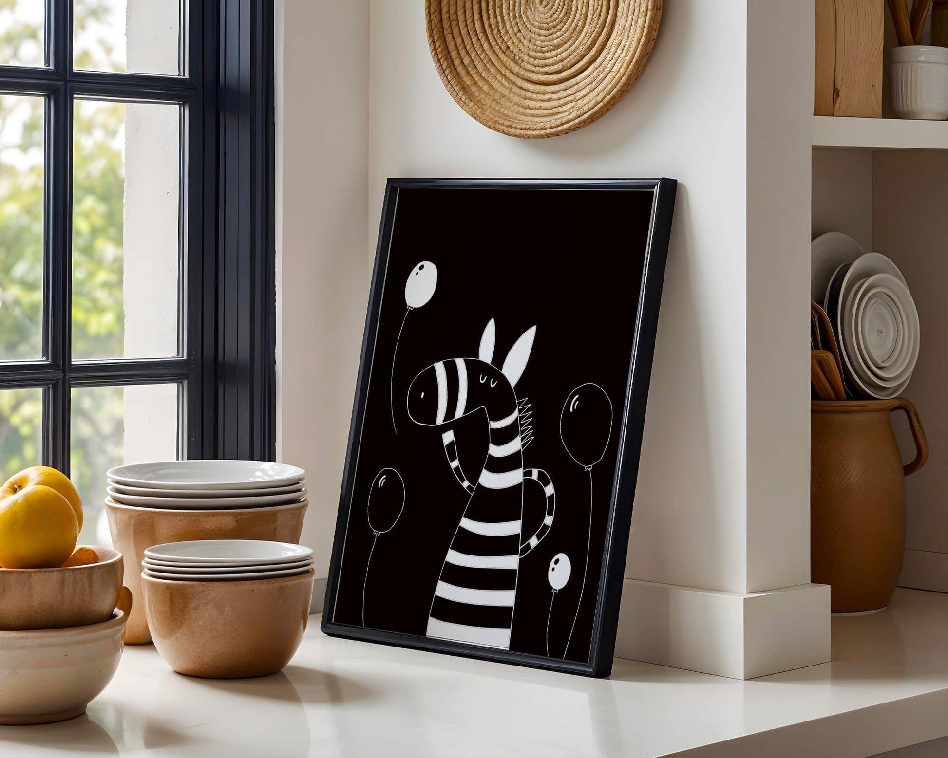 Cebra juguetona con globos en arte minimalista en blanco y negro
